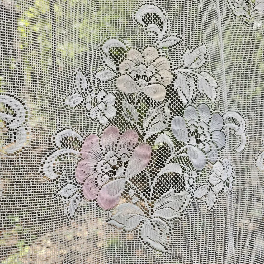 Vintage 90s JCPenney White Lace Curtains Pastel Floral Accents Scalloped Edge